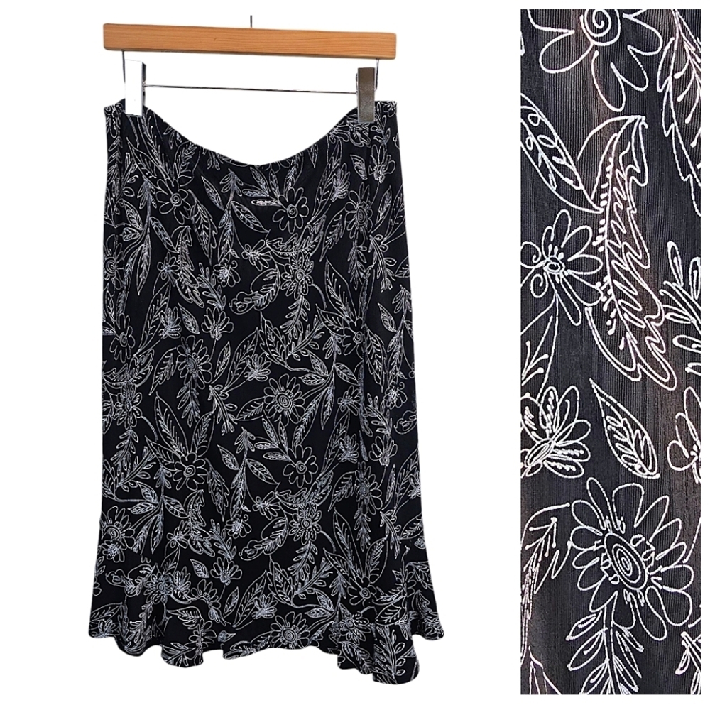 Vintage Y2K Choices Floral Midi Skirt Black Lettuce Hem Stretch XL Whimsigoth